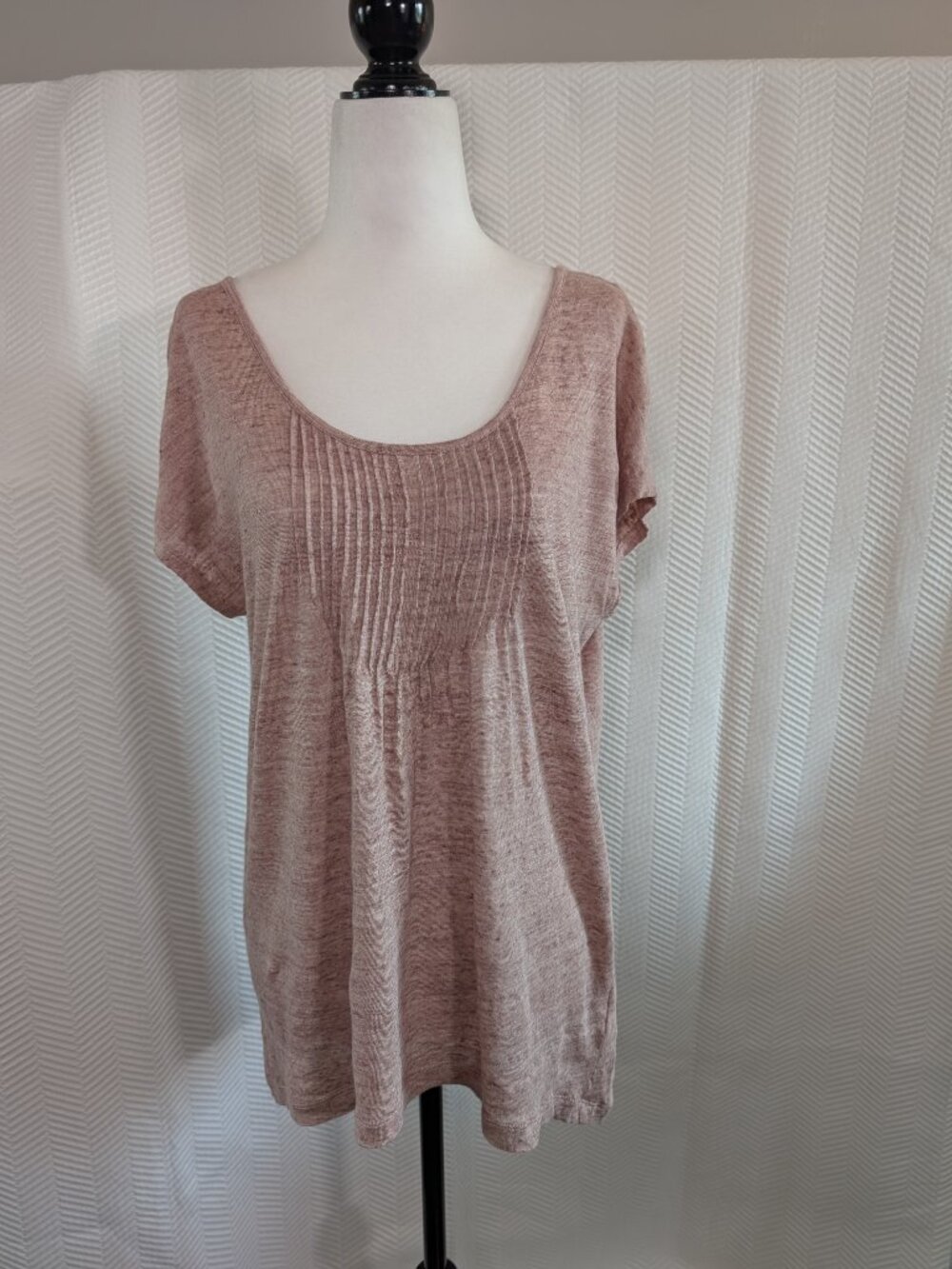 Willi Smith 100% Linen Pintuck V-Neck Tee Dusty Rose Medium Casual Lightweight